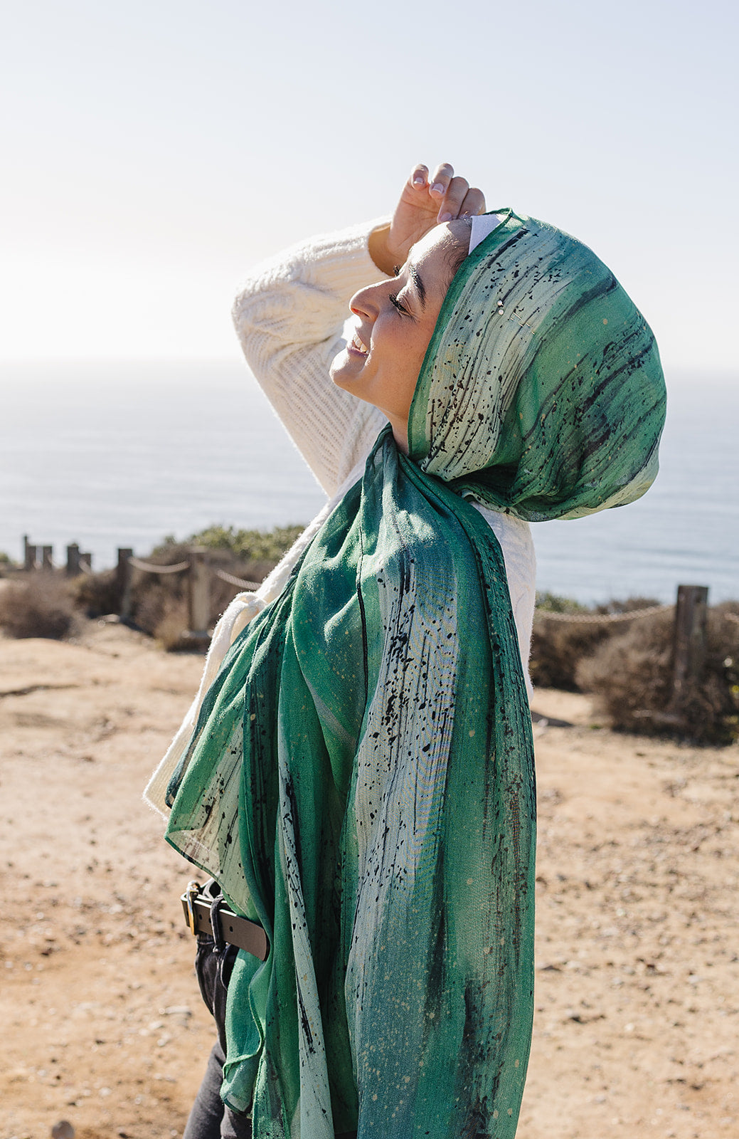 Bamboo Woven Printed Hijab - Green Hand Painted Strokes