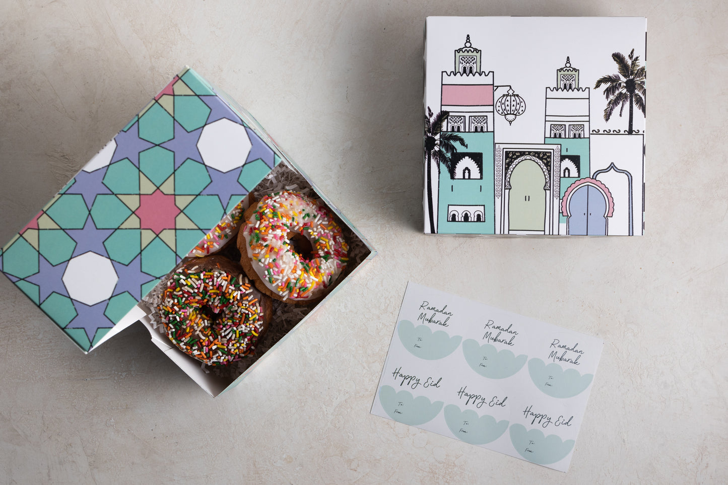 Set of 4 - Ramadan & Eid Treat Boxes With Stickers - Granada Print