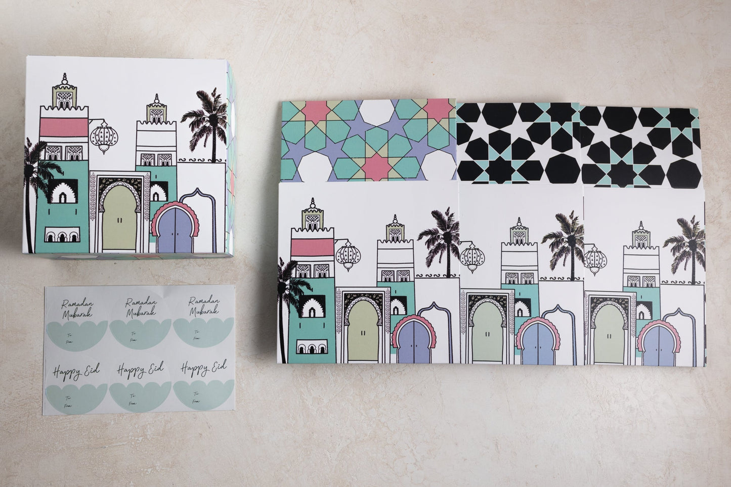 Set of 4 - Ramadan & Eid Treat Boxes With Stickers - Granada Print