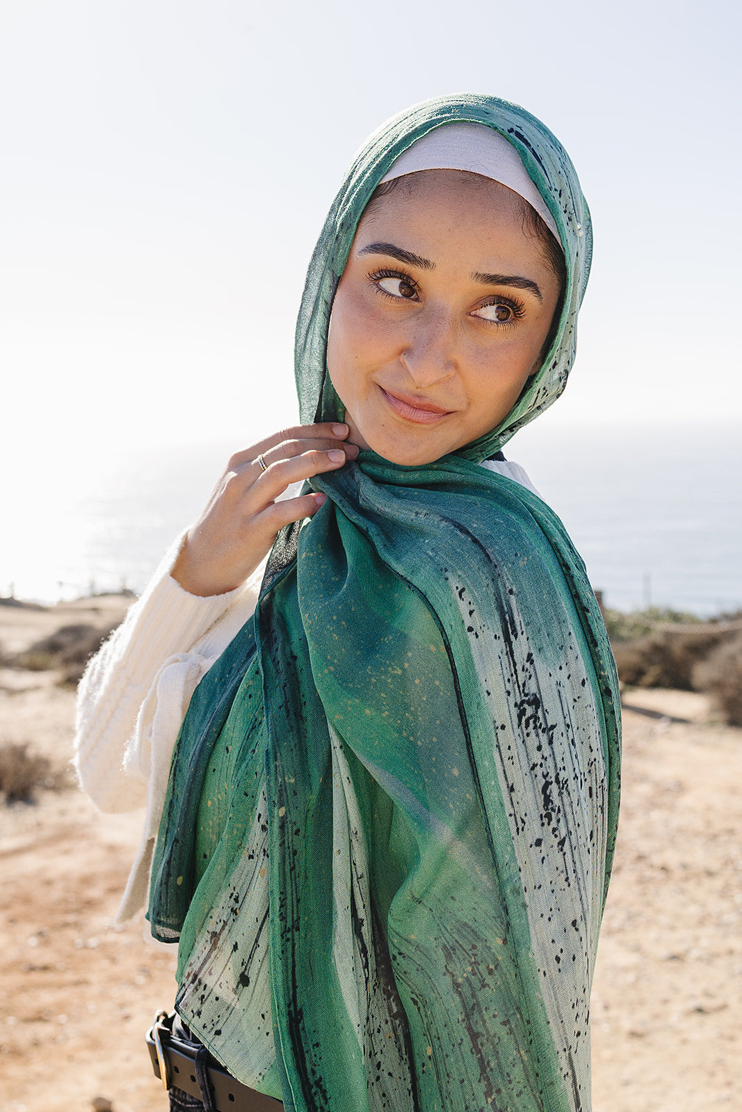 Bamboo Woven Printed Hijab - Green Hand Painted Strokes