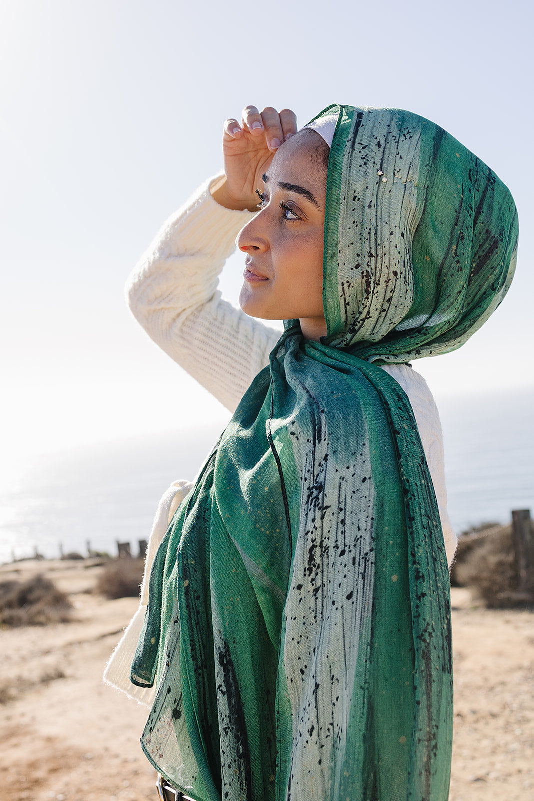 Bamboo Woven Printed Hijab - Green Hand Painted Strokes
