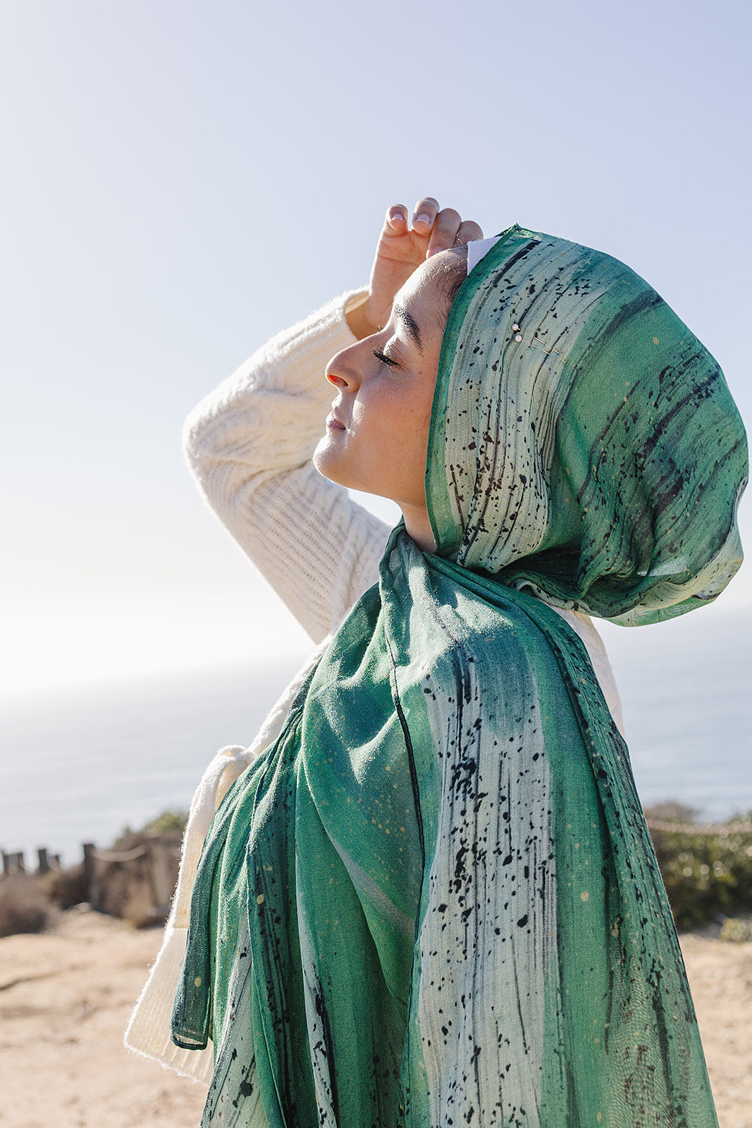 Bamboo Woven Printed Hijab - Green Hand Painted Strokes