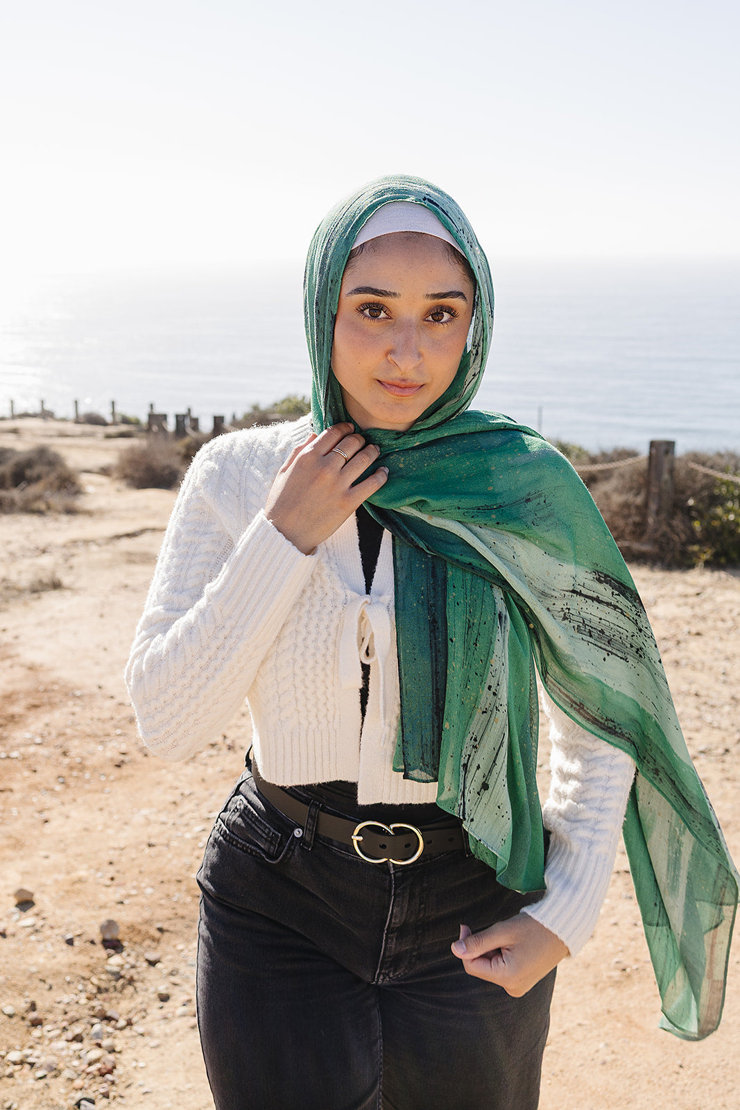 Bamboo Woven Printed Hijab - Green Hand Painted Strokes