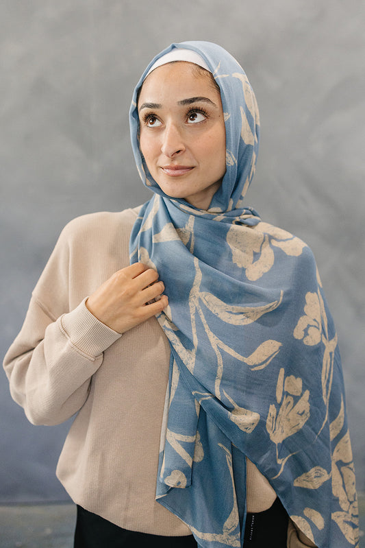 Bamboo Printed Modal Hijab - Garden Florals Blue