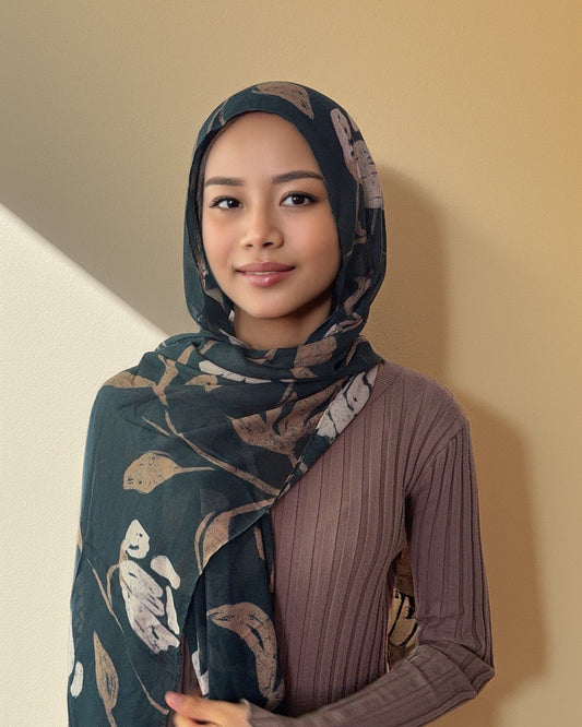Bamboo Woven Printed Hijab - Garden Florals Deep Green