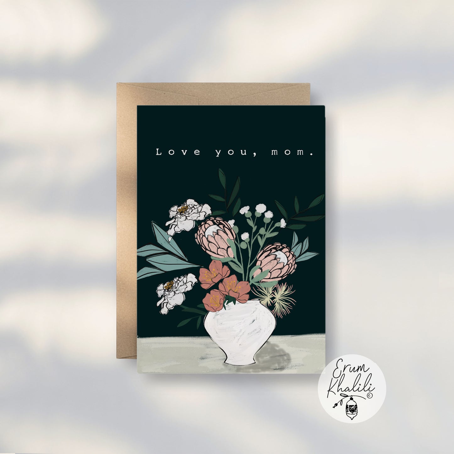 Love You Mom Card – Floral Vase Illustration Mothers Day