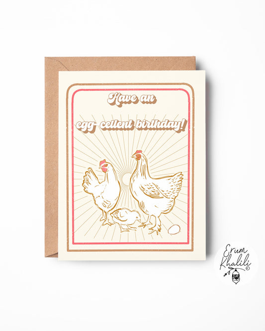 Egg-cellent Birthday Card – Whimsical Chicken Illustration