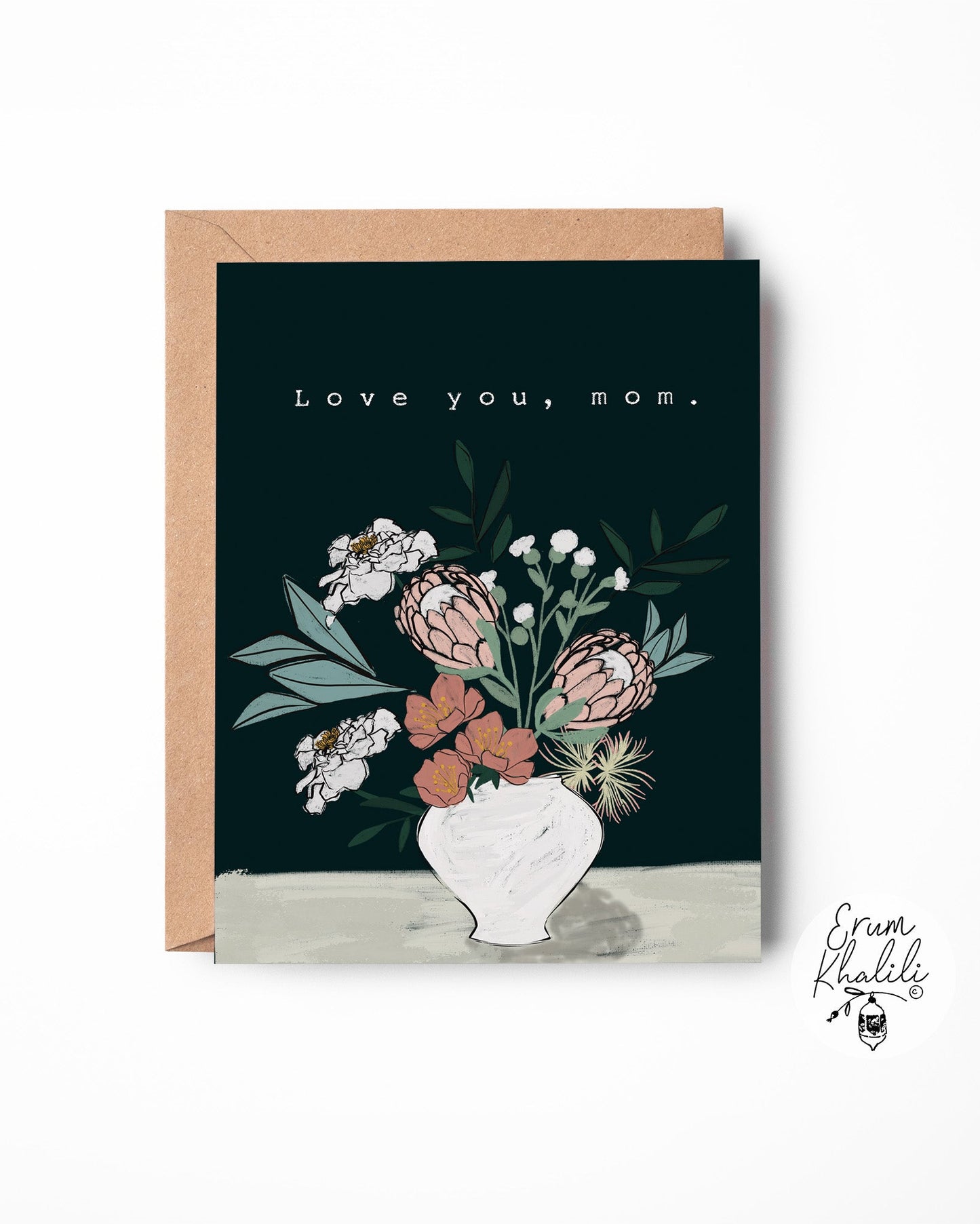 Love You Mom Card – Floral Vase Illustration Mothers Day