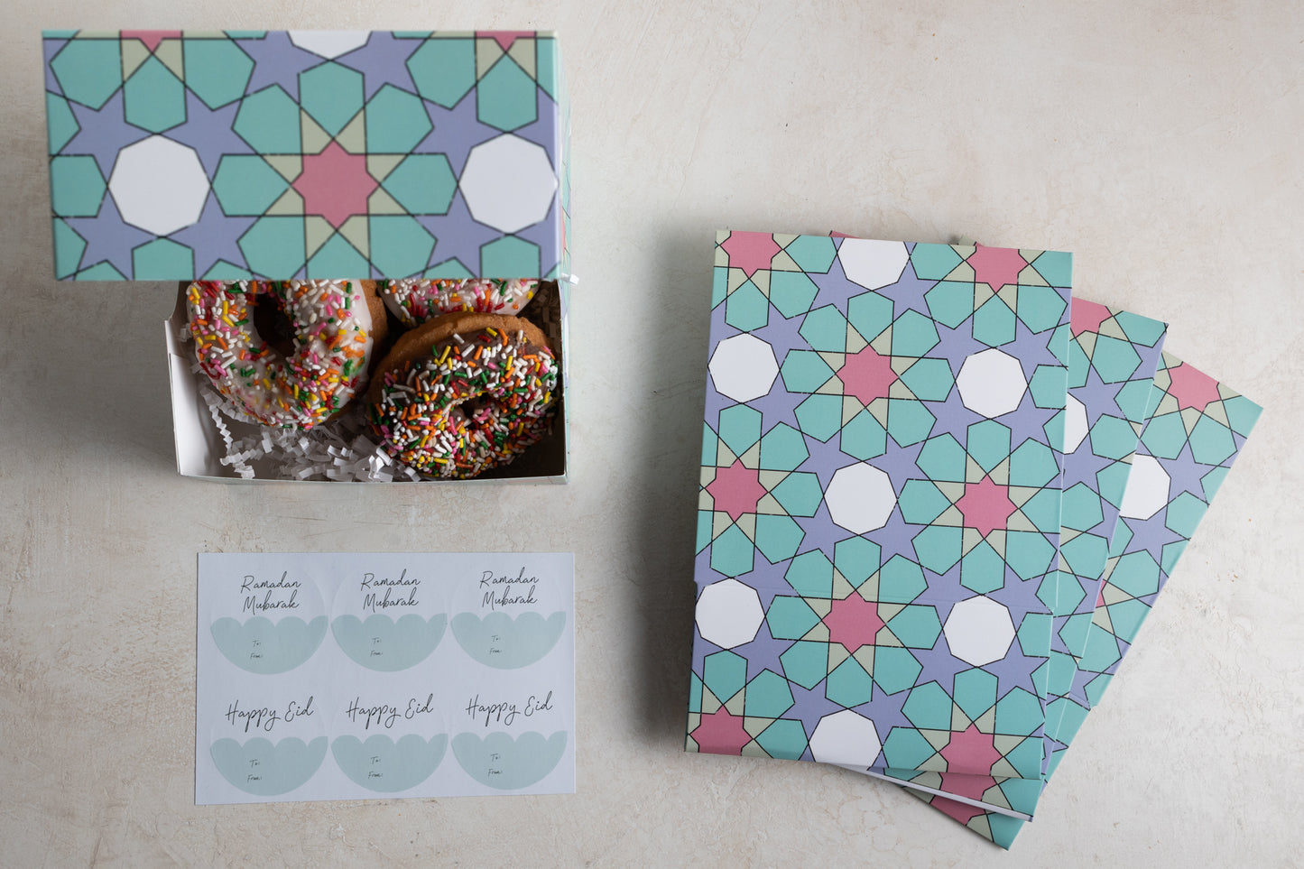 Set of 4 - Ramadan & Eid Treat Boxes With Stickers - Pastel Geo