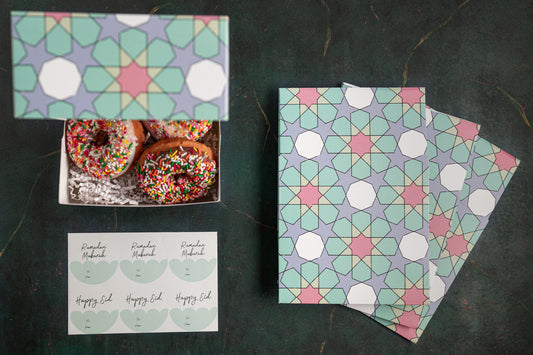 Set of 4 - Ramadan & Eid Treat Boxes With Stickers - Pastel Geo